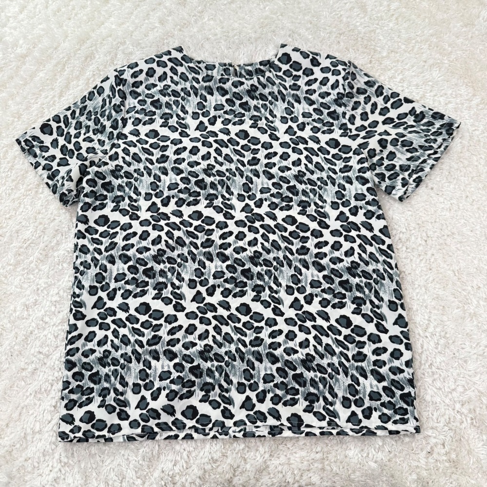 ADAMO Top Women's Medium Leopard Print Tunic SS Vintage Casual Blouse Gray White